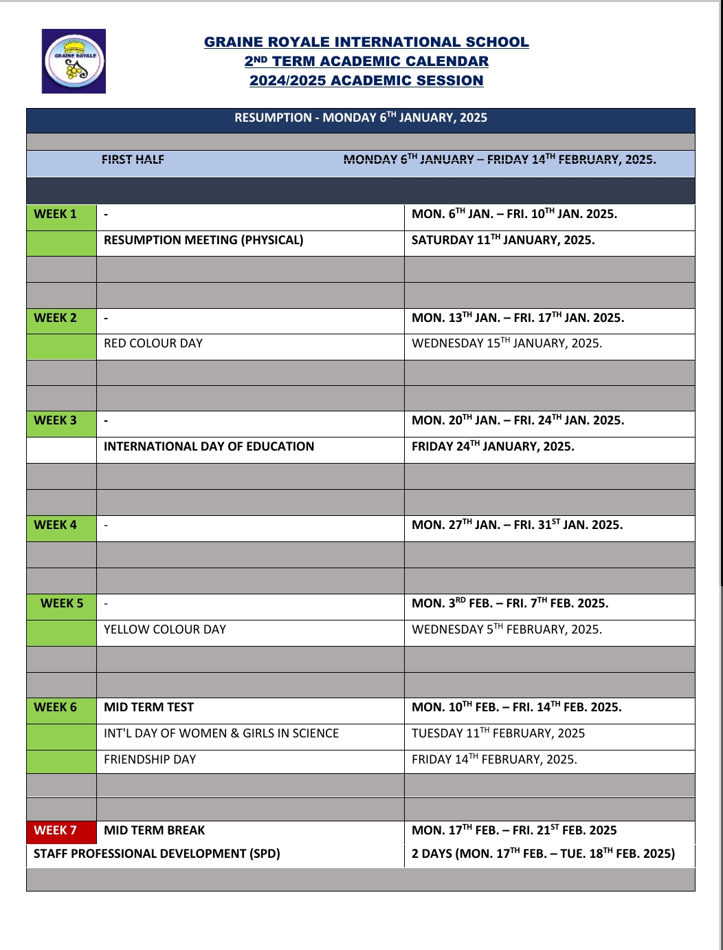 2ND TERM, 2024/2025 ACADEMIC CALENDAR Graine Royale School