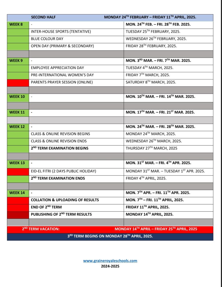 2ND TERM, 2024/2025 ACADEMIC CALENDAR Graine Royale School